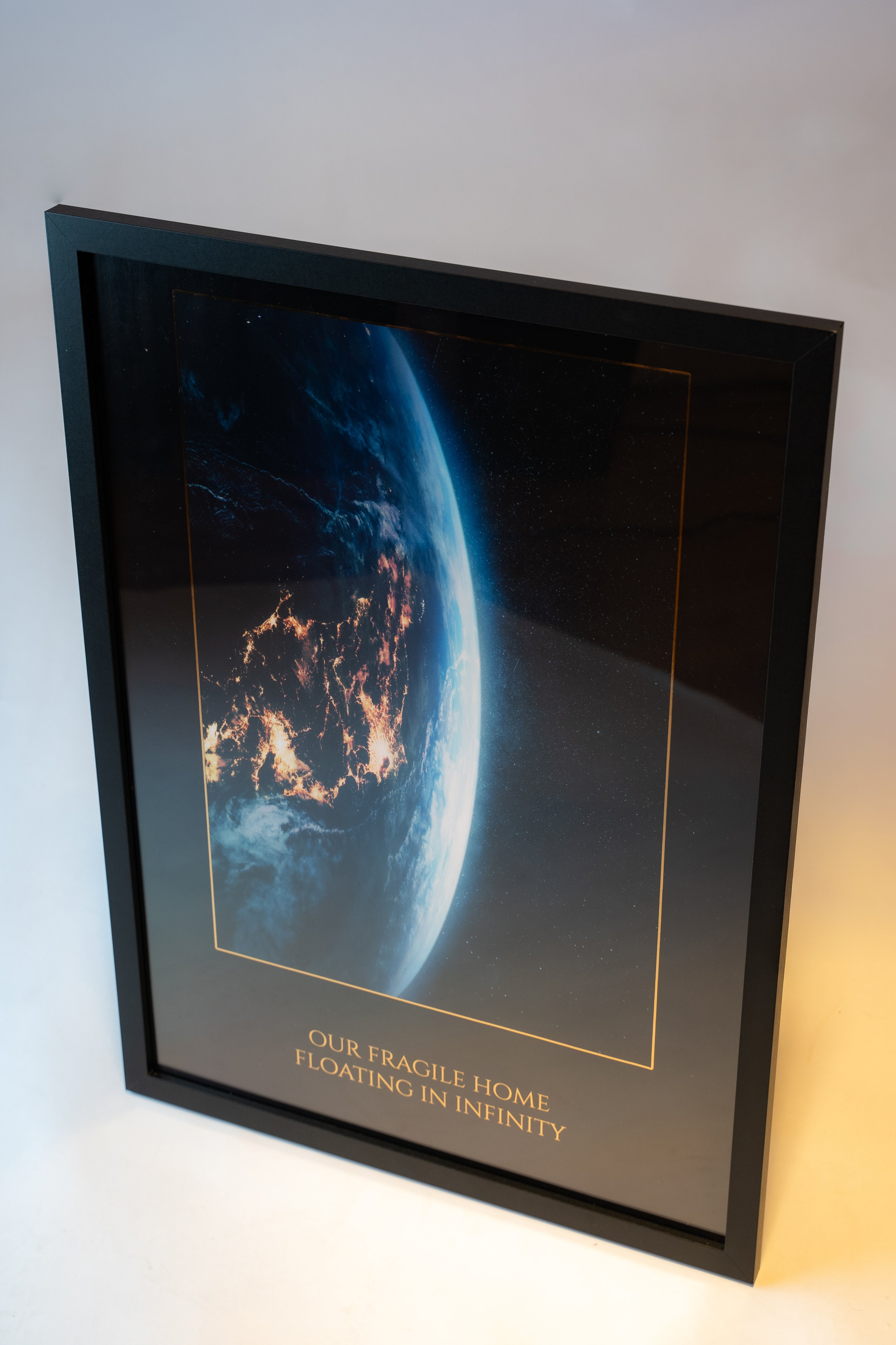 Detailfoto van Our Fragile Home poster met goudfolie en zwarte lijst
